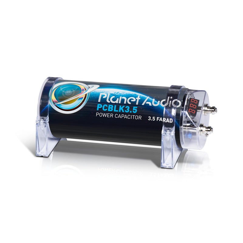 Planet Audio PCBLK3.5 Car Capacitor â€“ 3.5 Farad, Energy Storage, Enhance Bass from Stereo, Warning Tones, LED Voltage Meter - Image 1